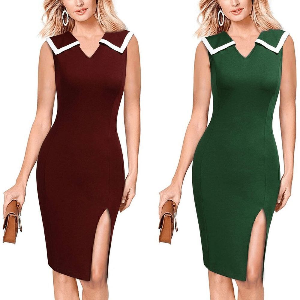 Retro Vintage Pinup 1950s Classy Elegant Collar Pencil Slit Dress SIZE XXL NWT